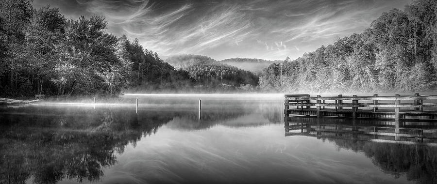 Wood Dock Under Sunrise Autumn Black and White Photograph by Debra and Dave Vanderlaan