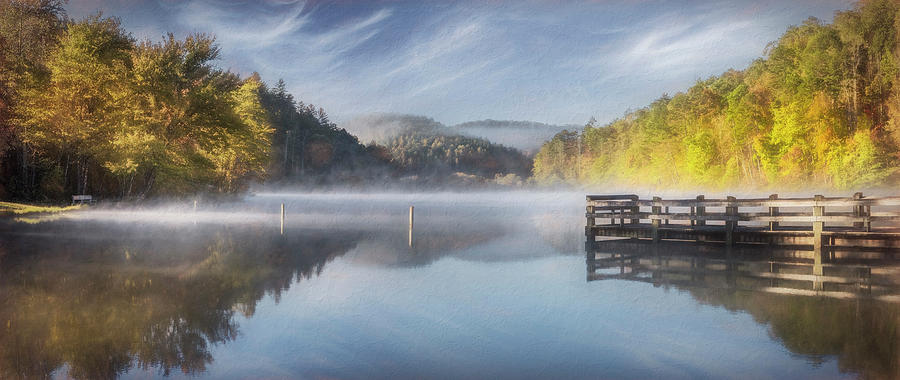 Wood Dock Under Sunrise Autumn Colors Painting Photograph by Debra and Dave Vanderlaan