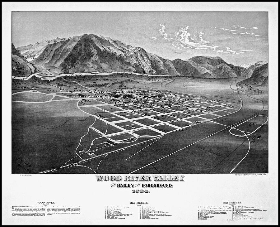 Wood River Valley and Hailey Idaho Vintage Map Birds Eye View 1884 ...