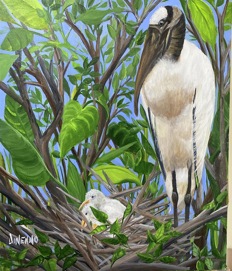 Wood stork Mama Painting by Sue Dinenno