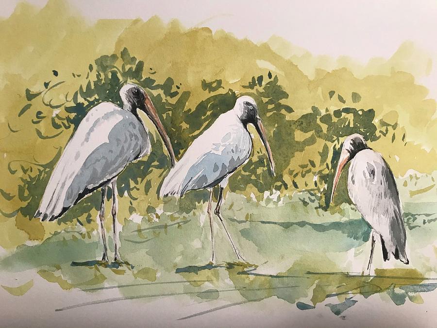 Wood Storks at Little St Simons Painting by Robert Fugate