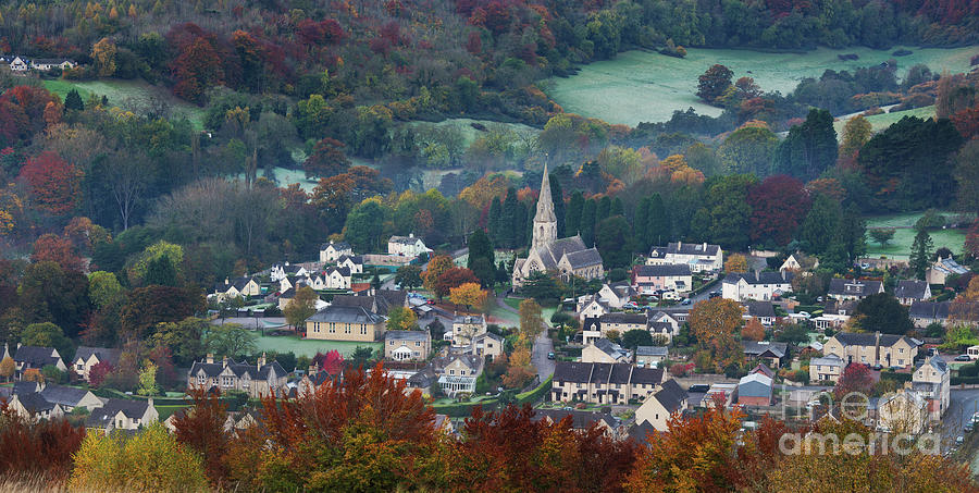 Woodchester on a Frosty Autumn Morning at Dawn Panoramic Photograph by Tim Gainey