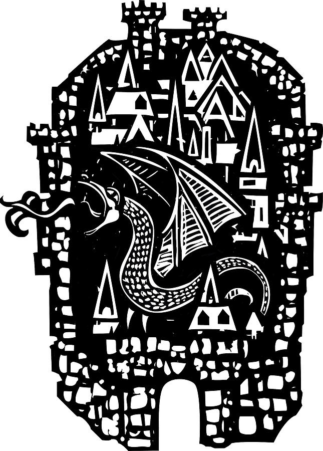 Woodcut Dragon City Drawing by Jeffrey Thompson