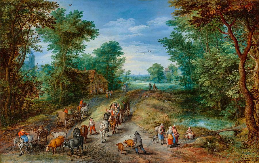 Pig Painting - Wooded Landscape with Travelers by Jan Brueghel the Elder