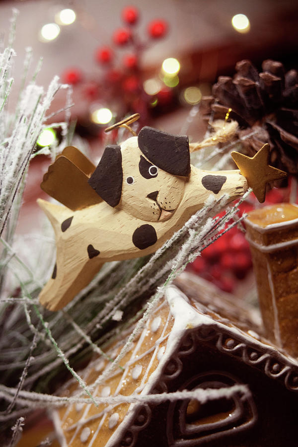 Wooden Angel Pup on Gingerbread House Photograph by Toni Hopper