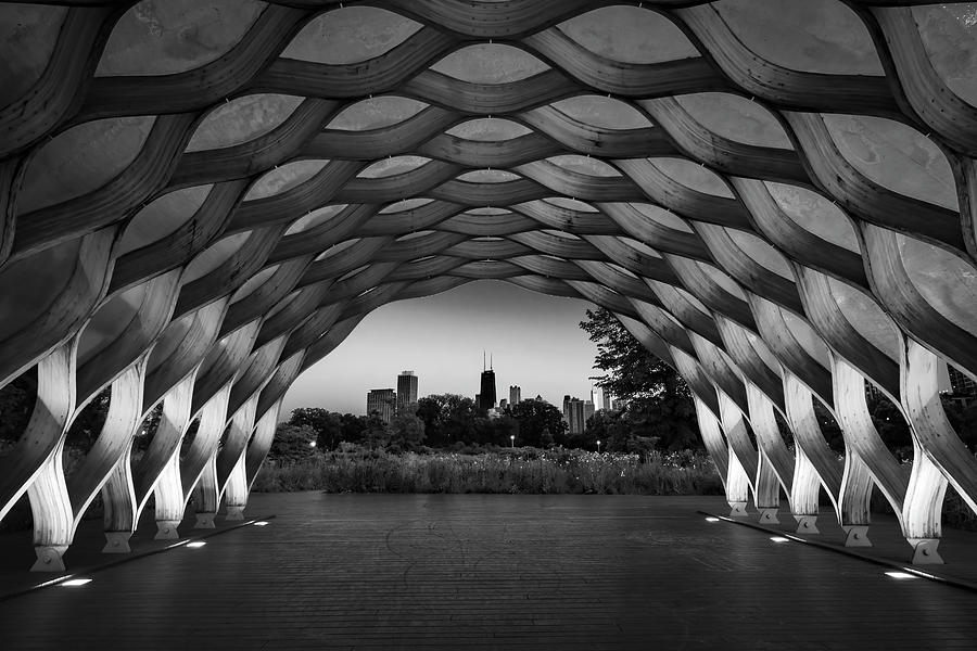 Wooden Archway And Chicago Skyline In Black And White Photograph By 