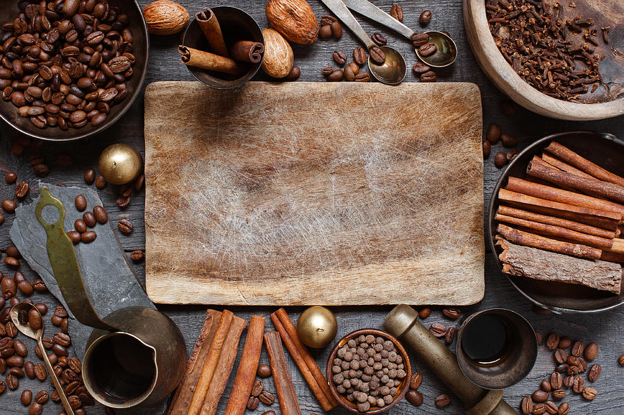 Wooden background with turkish coffee Photograph by Alinakho