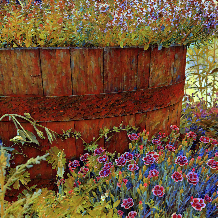 Wooden barrel full of flowers Painting by Patricia Piotrak