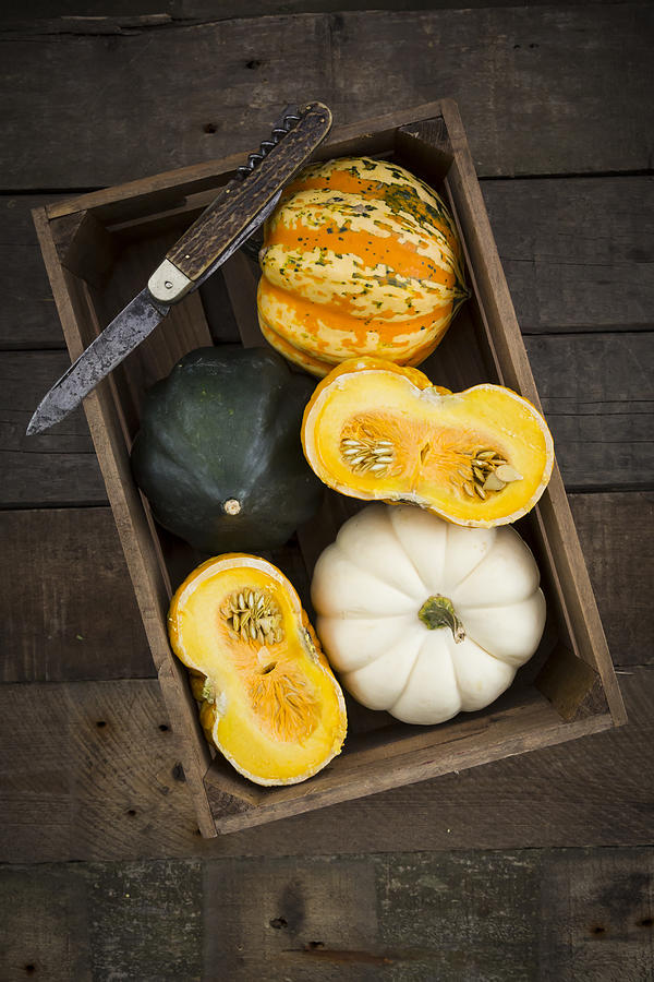 Wooden box of different sorts of mini squashes on wood Photograph by Westend61