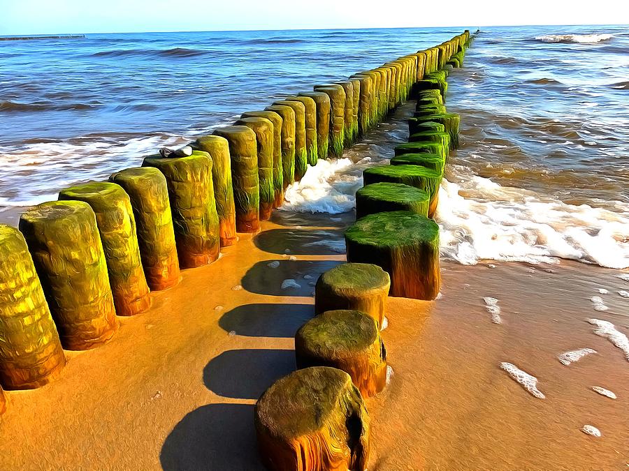 Wooden breakwaters with waves Digital Art by Ralph Kaehne