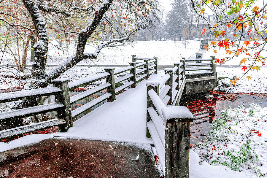 Wooden Bridge and Creek in snow storm Photograph by Aloha Art
