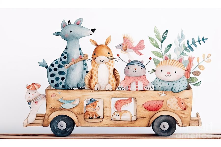 Crocodile Painting - Wooden car with cute animals. Watercolor illustration. Kids decor. by N Akkash