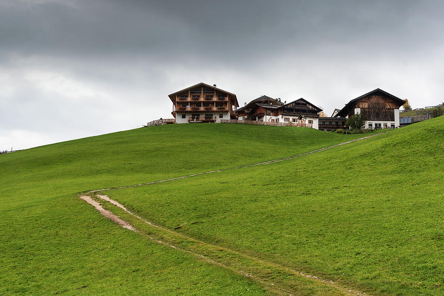 Wooden Chalets at the cliff covered with green field Italy Photograph by Michalakis Ppalis