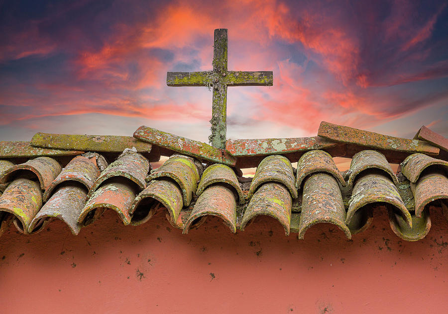Wooden cross against brilliant sunrise at mission in California Photograph by Steven Heap