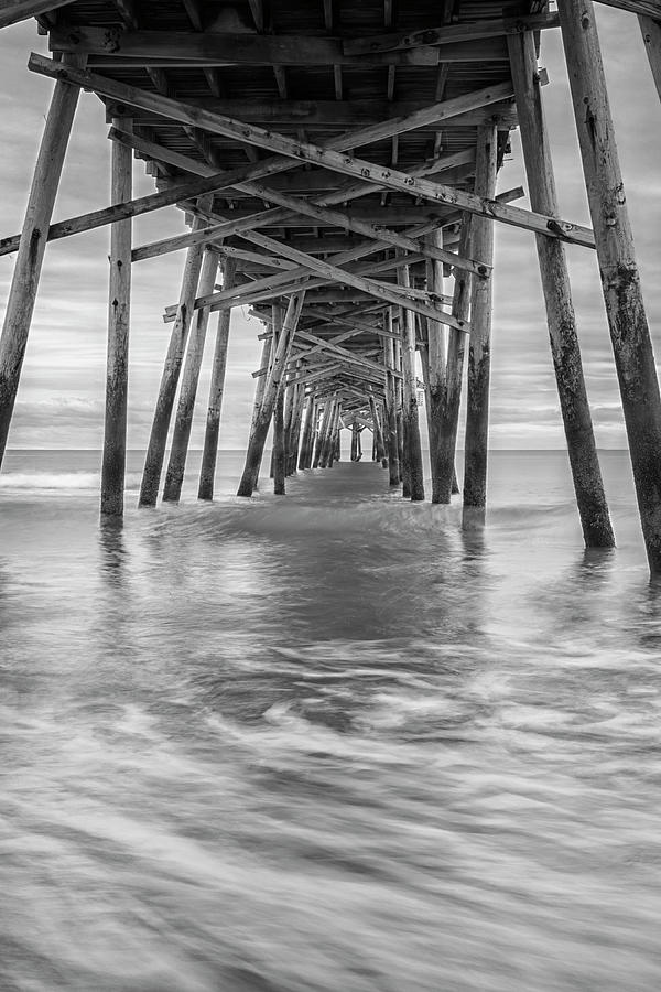 Black And White Photograph - Wooden Fishing Pier at Atlantic Beach North Carolina - January 2 by Bob Decker