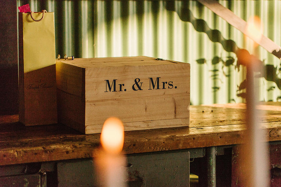 Wooden giftbox with Mr & Mrs on a wedding reception Photograph by Hanneke Vollbehr