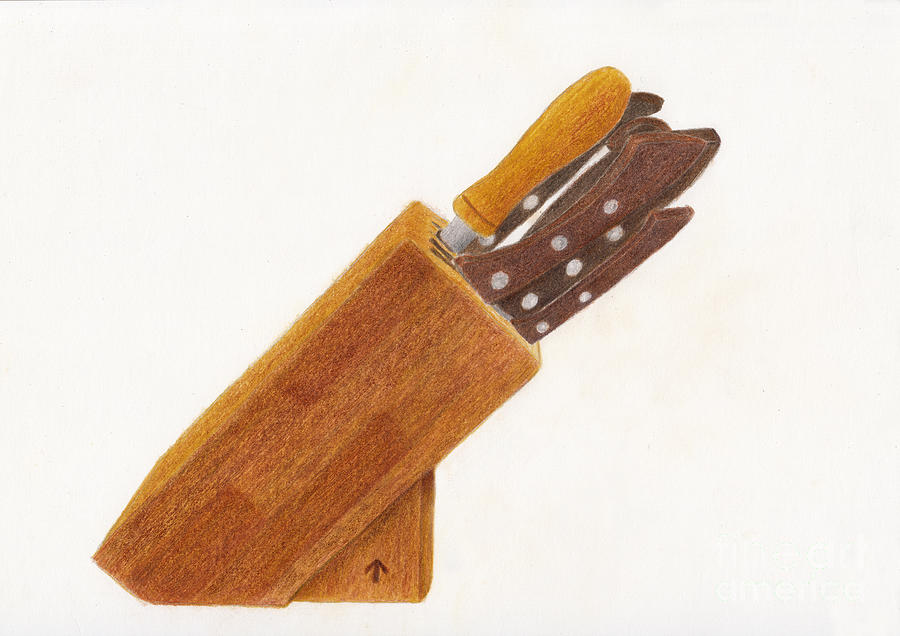 Wooden Knife Block With Knives And Steel Drawing
