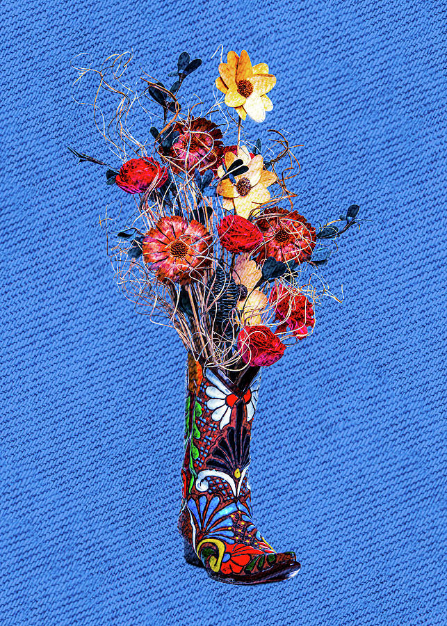 Wooden Roses and Ornate Boot on Denim Digital Art by SR Green