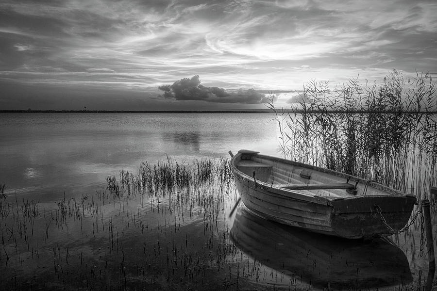 Wooden Rowboat at Sunset Black and White Photograph by Debra and Dave Vanderlaan