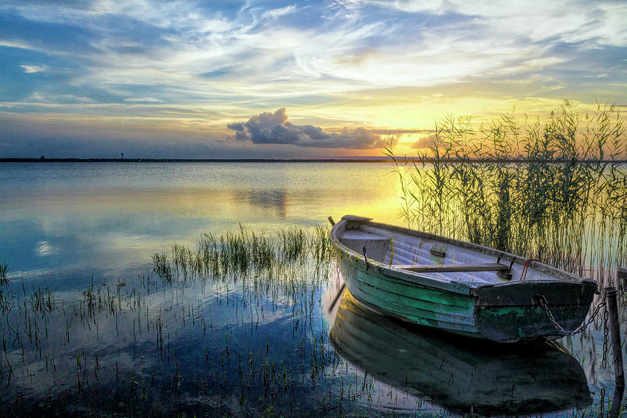 Wooden Rowboat at Sunset Photograph by Debra and Dave Vanderlaan
