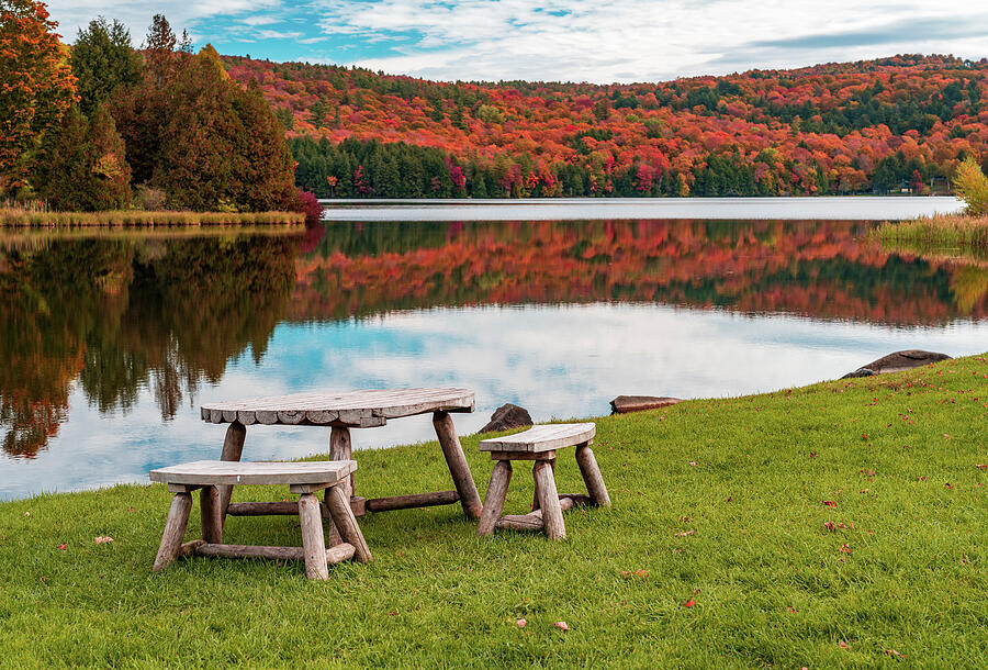 Fall Photograph - Wooden table and stools by Silver Lake Vermont by Steven Heap