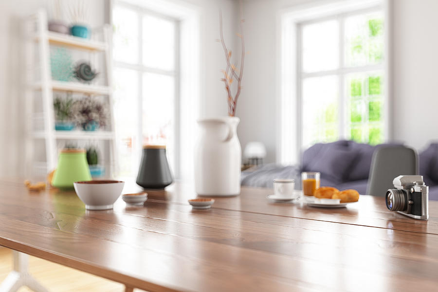 Wooden Table Top with Blur of Modern Living Room Interior Photograph by Asbe