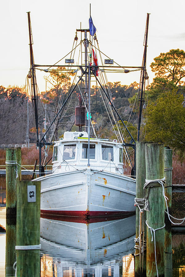 Wooden Trawler in Harbor at Harkers Island NC Photograph by Bob Decker