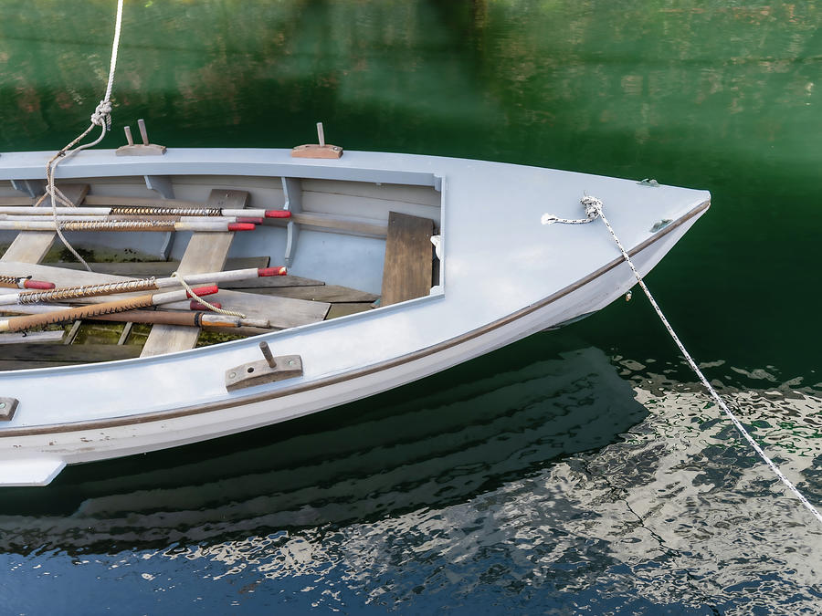 Wooden Workboat - Reflected Blue, White and Green Photograph by Mark Roger Bailey