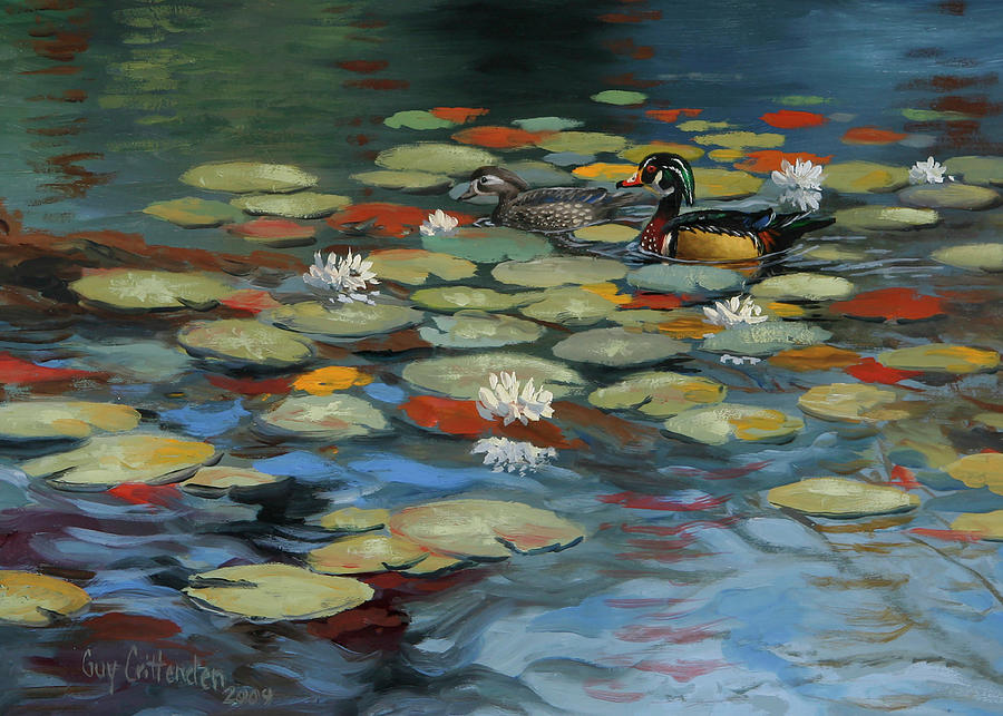 Wood Ducks Painting - Woodies and Lily Pads by Guy Crittenden
