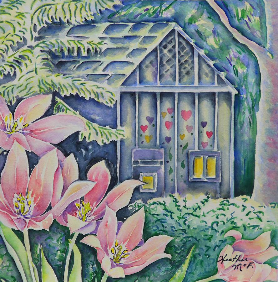 Woodland Cabin with Lily Flowering Tulips Painting by Heather McFarlane-Watson