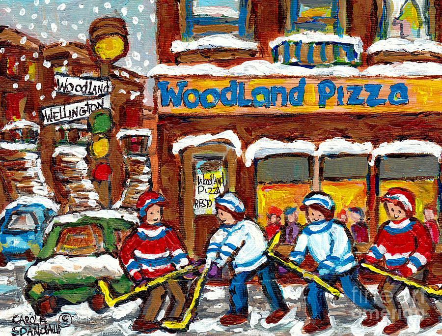 Woodland Pizza Famous Landmarks Verdun Montreal Street Hockey Painting Canadian Artist C Spandau Art Painting by Carole Spandau