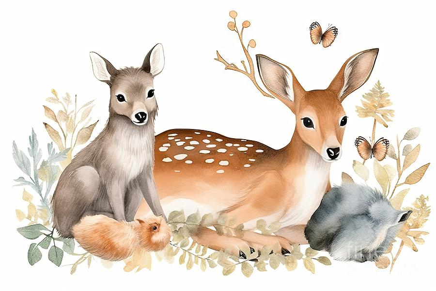 Wildlife Painting - Woodland realistic cute baby deer, squirrel, butterfly. Scandinavian watercolor forest nursery poster Hand drawn animals by N Akkash