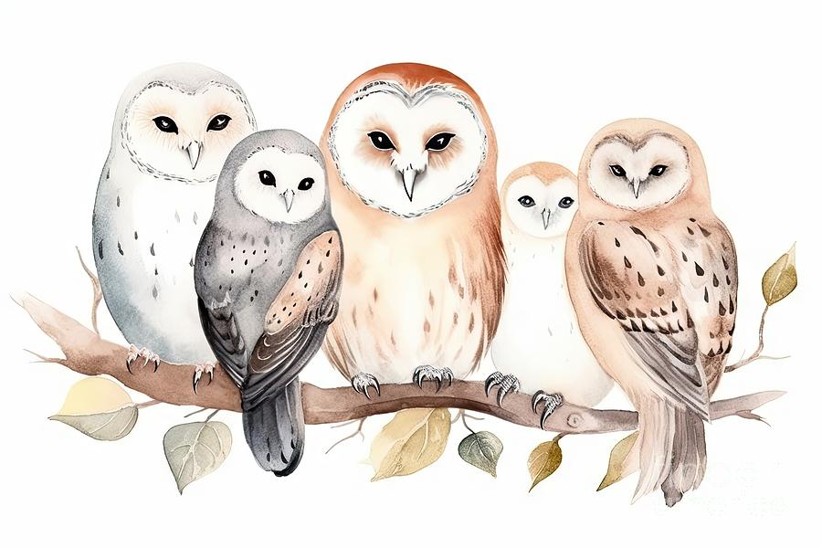 Owl Painting - Woodland watercolor cute animals baby owl. Scandinavian owls on forest nursery poster design. Isolated charecter by N Akkash