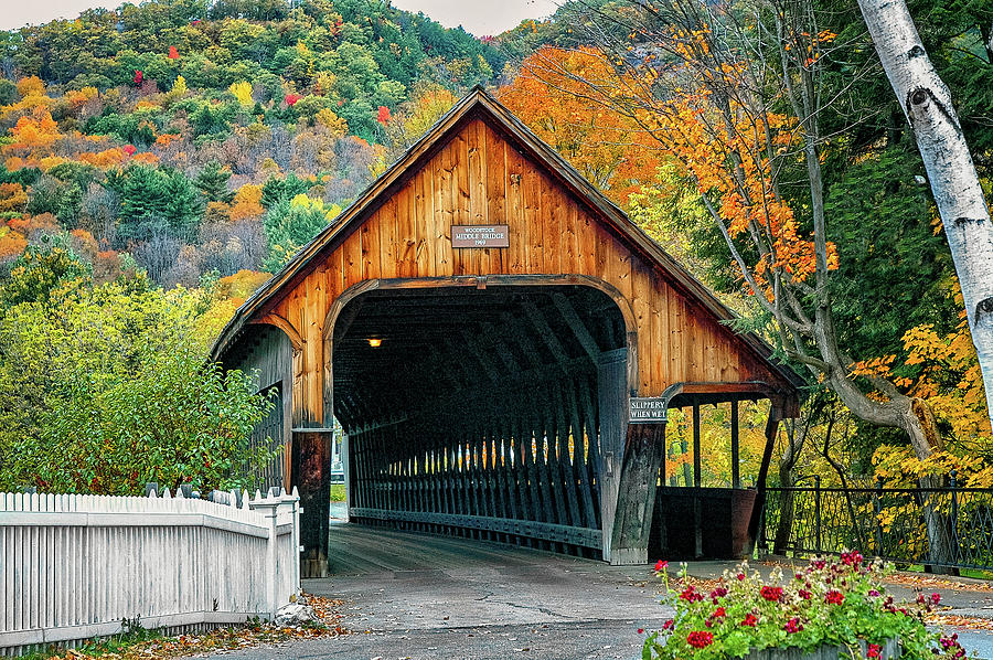 Woodstock, Vermonts Middle Bridge in Autumn Photograph by Mitchell R Grosky