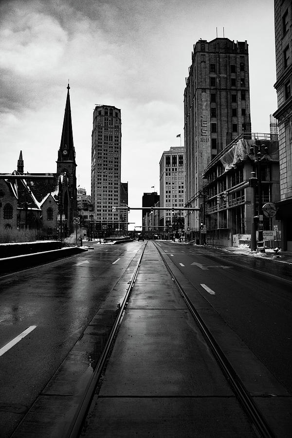 Woodward Avenue in Detroit Michigan in Black and White Photograph by Eldon McGraw