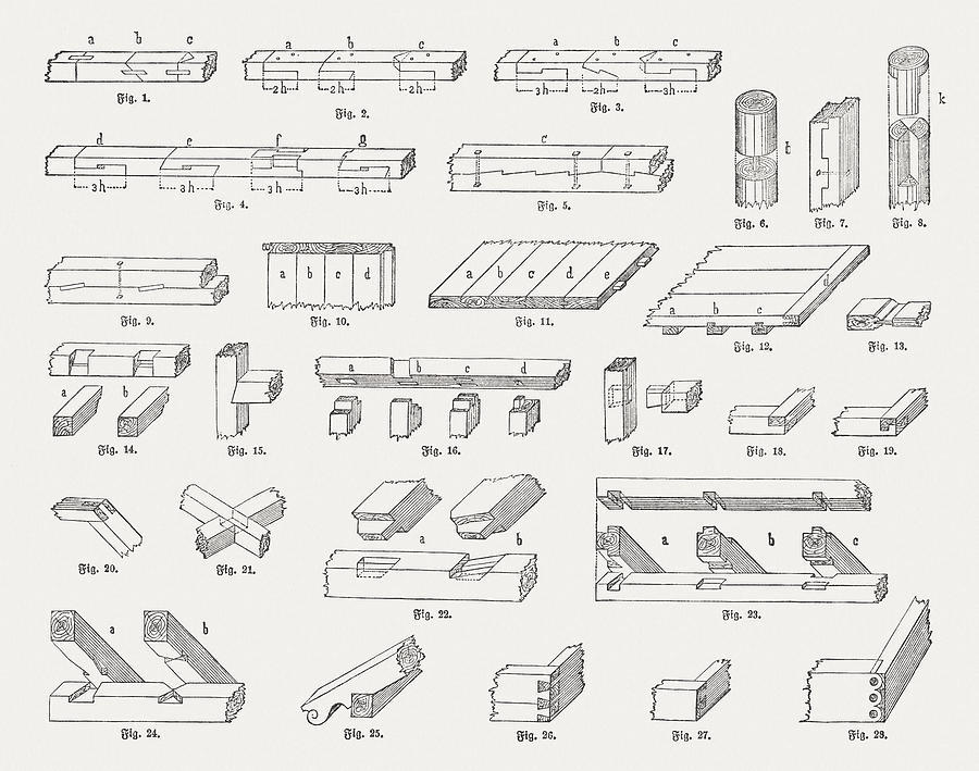 Woodworking joints, wood engravings, published in 1884 Drawing by Zu_09