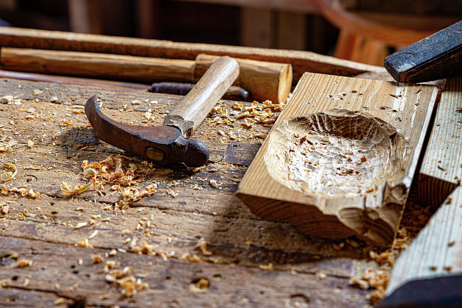 Hammer Photograph - Woodworking Workbench by Gordon Elwell