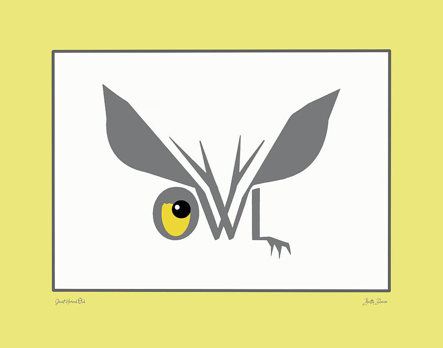 Owl Photograph - Word Art - Great Horned Owl - Yellow Border by Betty Denise