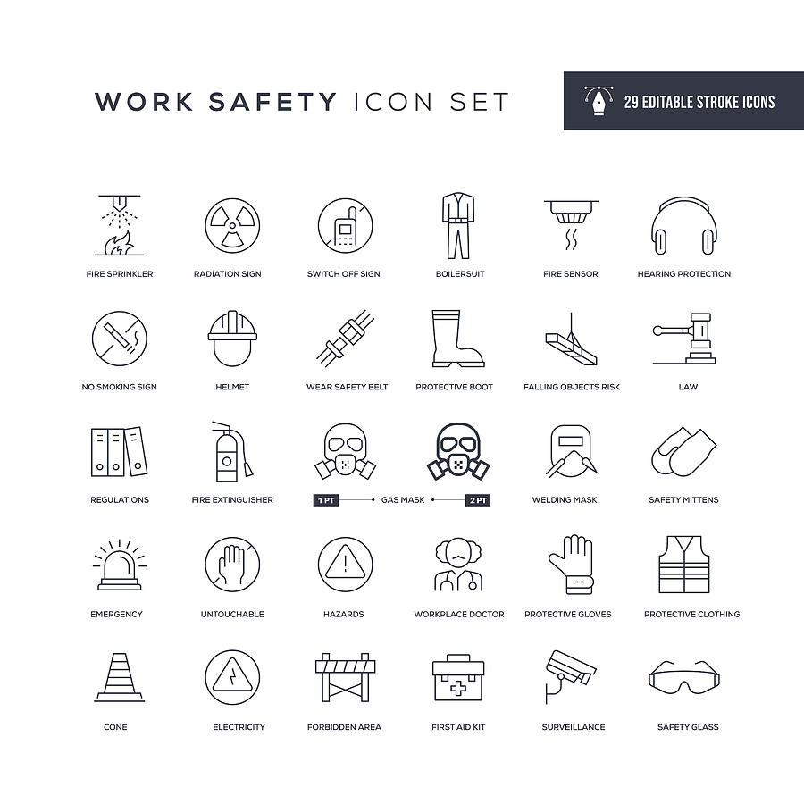 Work Safety Editable Stroke Line Icons Drawing by Enis Aksoy