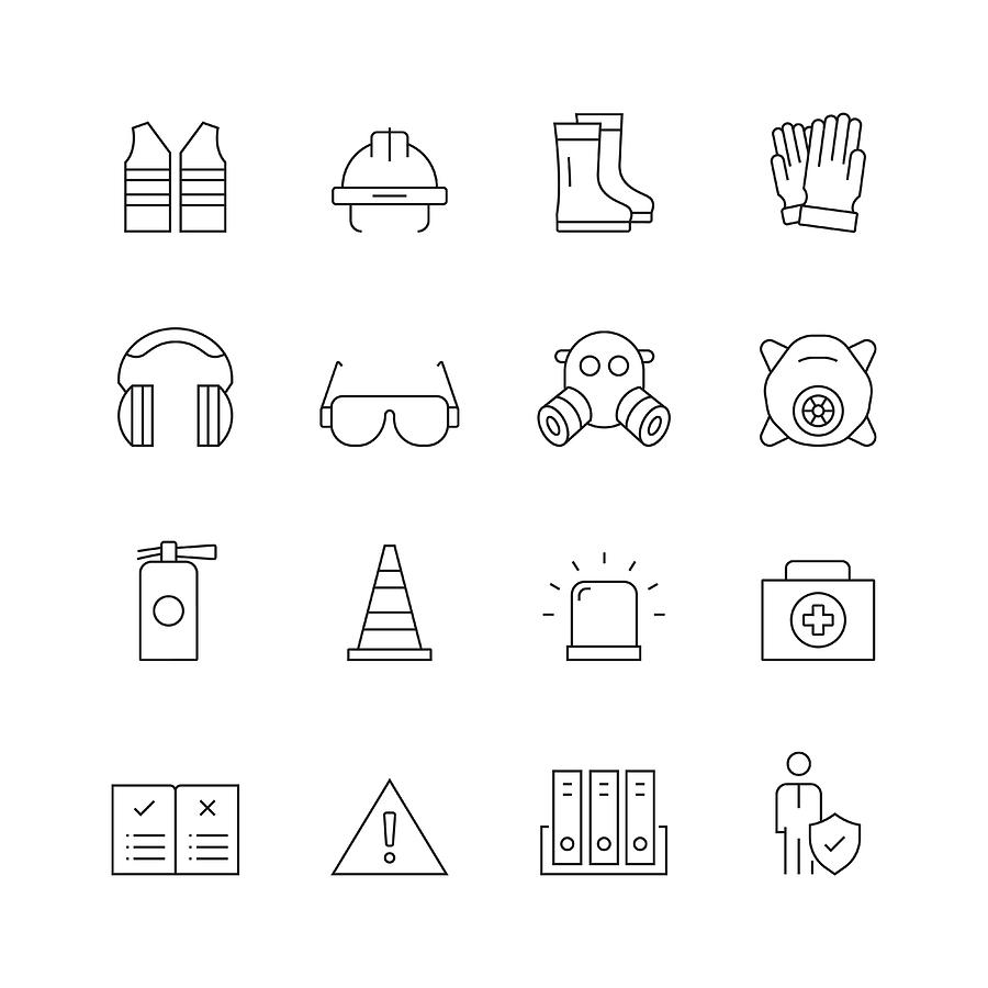 Work Safety - Set of Thin Line Vector Icons Drawing by Cnythzl