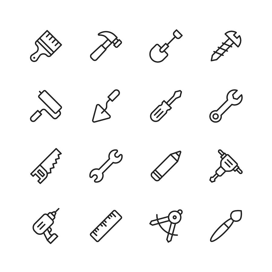 Work Tools Line Icons. Editable Stroke. Pixel Perfect. For Mobile and Web. Contains such icons as Wrench, Saw, Work Tools, Screwdriver, Screw, Paintbrush, Shovel, Chainsaw, Ruler, Axe, Hammer. Drawing by Rambo182