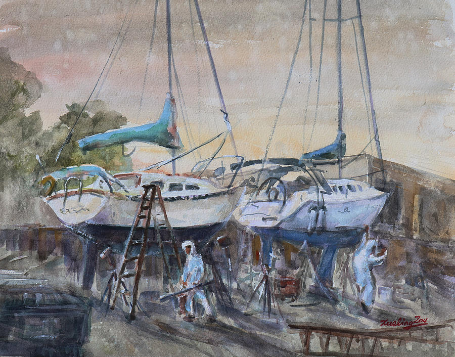 Working at the boatyard Painting by Xueling Zou