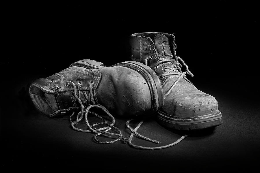 Working Mans Shoes in Black and White an image created with pai Photograph by Randall Nyhof