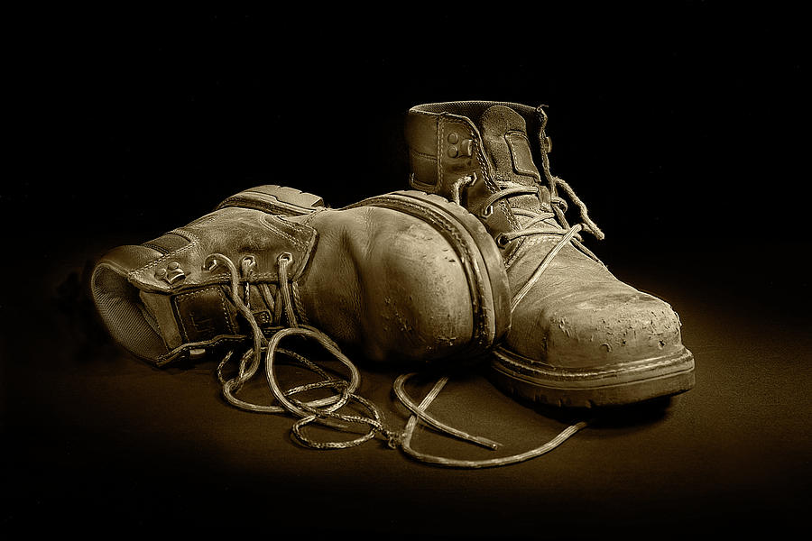 Working Mans Shoes in Sepia Tone an image created with painting Photograph by Randall Nyhof