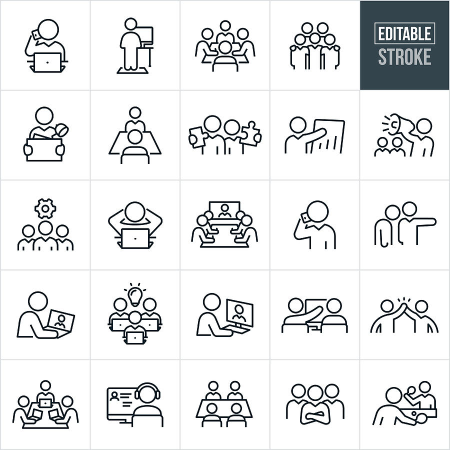 Working Office Culture Thin Line Icons - Editable Stroke Drawing by Appleuzr