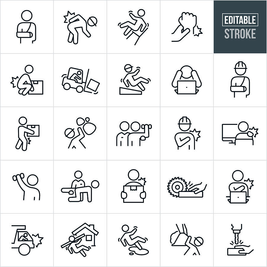 Workplace Injury Thin Line Icons - Editable Stroke Drawing by Appleuzr