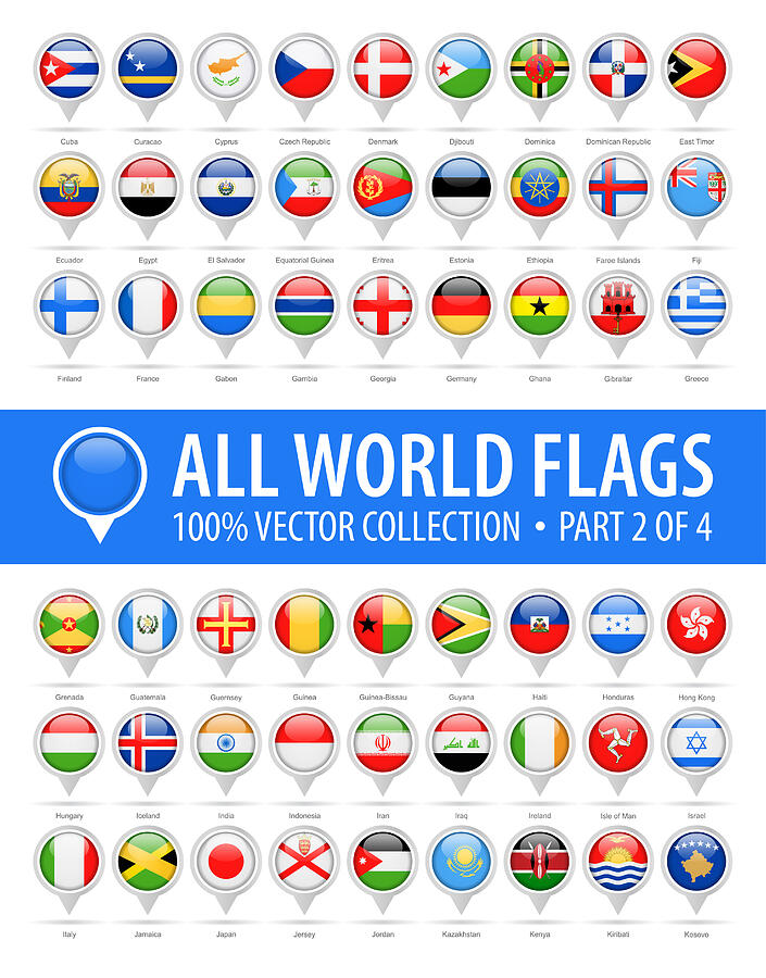 World Flag Round Pins - Vector Glossy Icons - Part 2 of 4 Drawing by Pop_jop