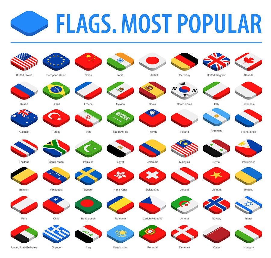 World Flags - Vector Isometric Rounded Square Flat Icons - Most Popular Drawing by Pop_jop