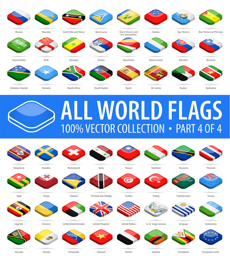 World Flags - Vector Isometric Rounded Square Glossy Icons - Part 4 of 4 Drawing by Pop_jop