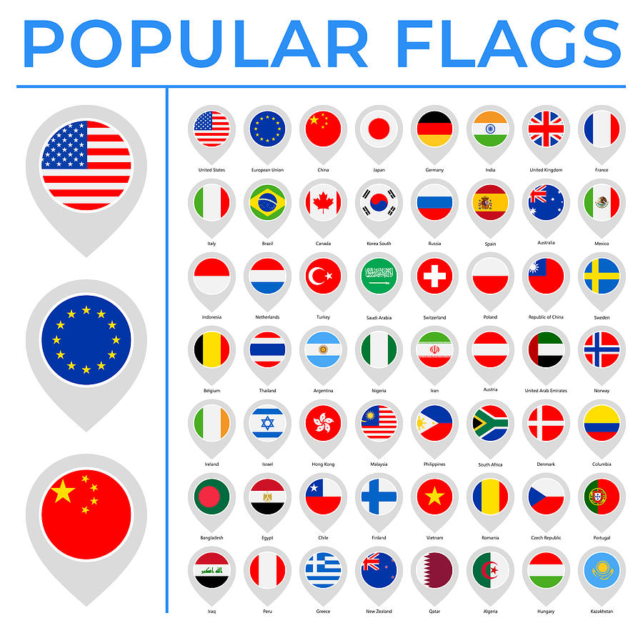 World Flags - Vector Round Pin Flat Icons - Most Popular Drawing by PeterPencil